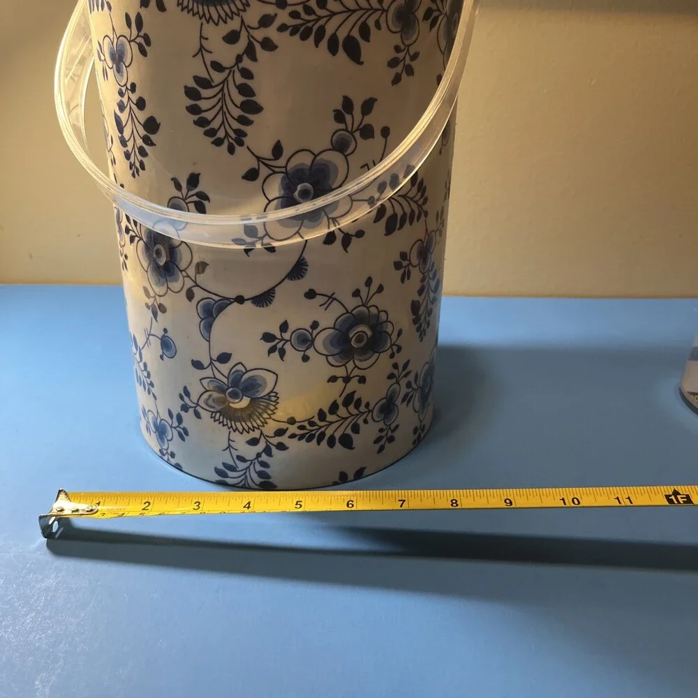 Vintage Tall White & Blue Floral Ice Bucket , Delft Blue